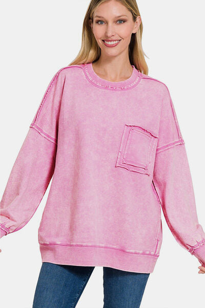 swvws Zenana Exposed Seam Round Neck Dropped Shoulder Sweatshirt