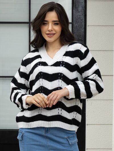 swvws Openwork Striped V-Neck Sweater