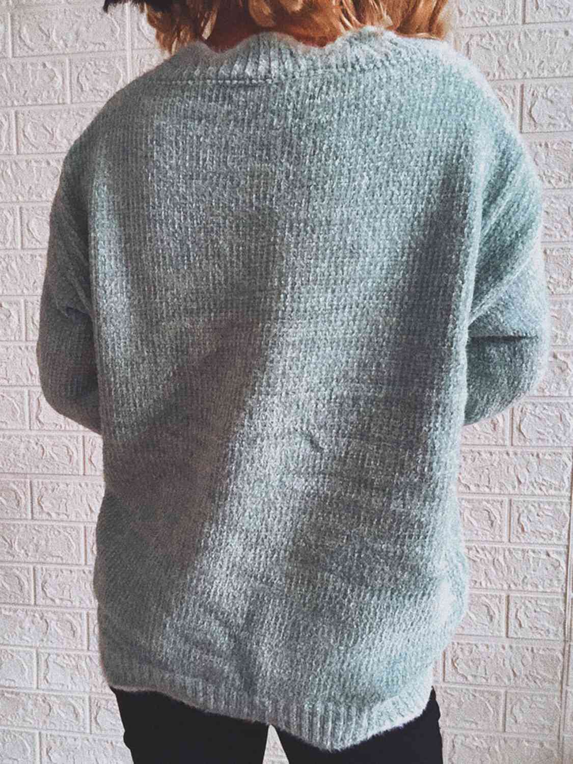 swvws Notched Dropped Shoulder Long Sleeve Sweater