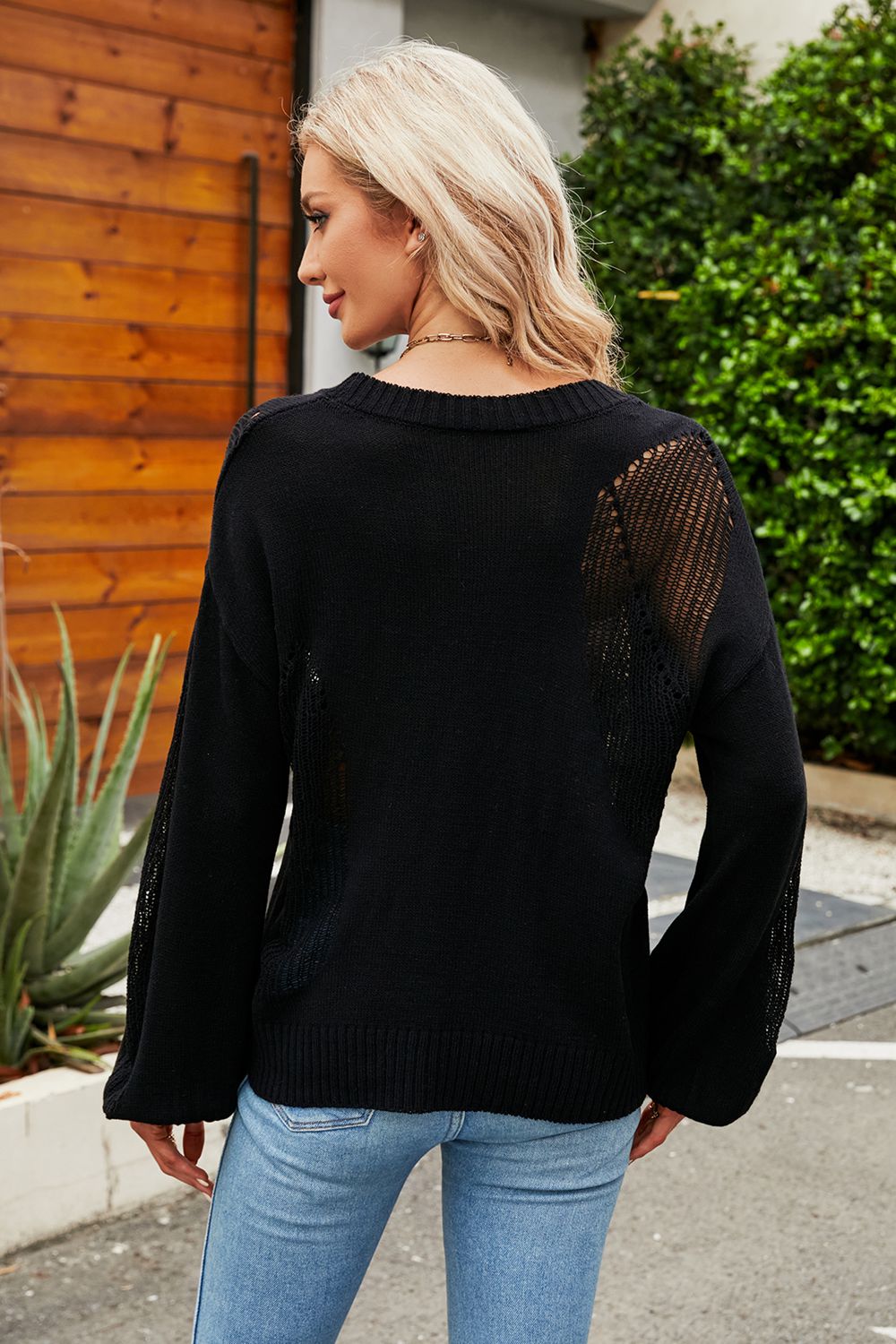 swvws Openwork Round Neck Dropped Shoulder Knit Top