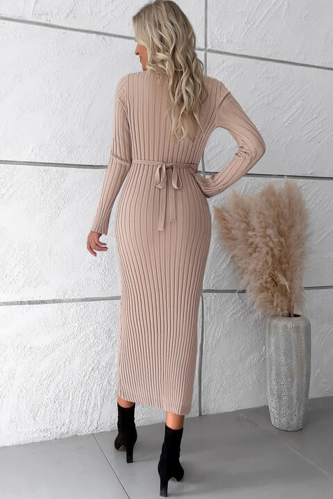 swvws V-Neck Long Sleeve Ribbed Sweater Dress