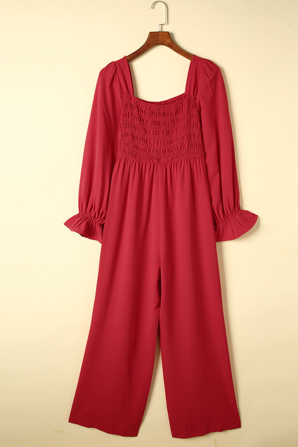 swvws Smocked Long Flounce Sleeve Square Neck Jumpsuit