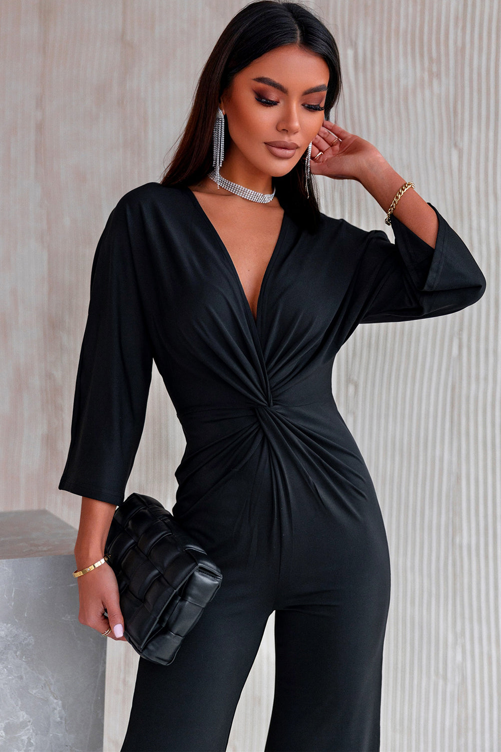 swvws Twisted Plunge Three-Quarter Sleeve Jumpsuit