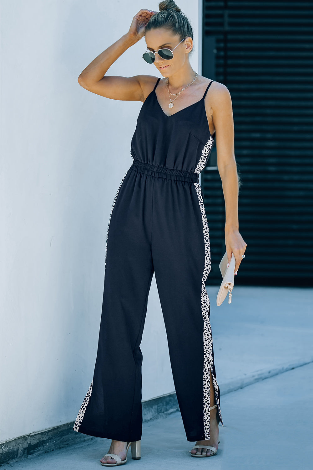 swvws Leopard Contrast Spaghetti Strap Wide Leg Jumpsuit