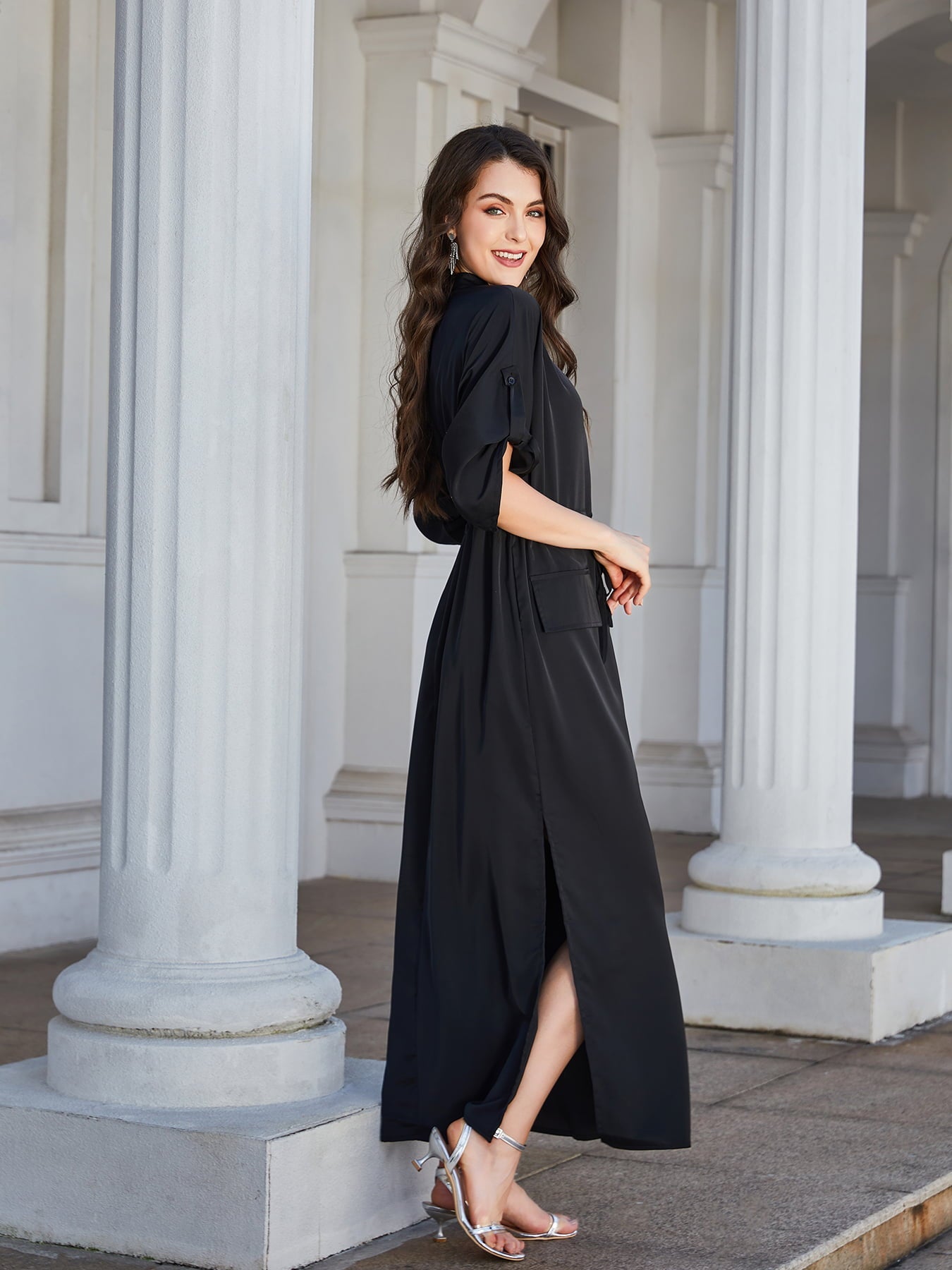 swvws High Slit Roll-tab Sleeve Notched Neck Maxi Dress