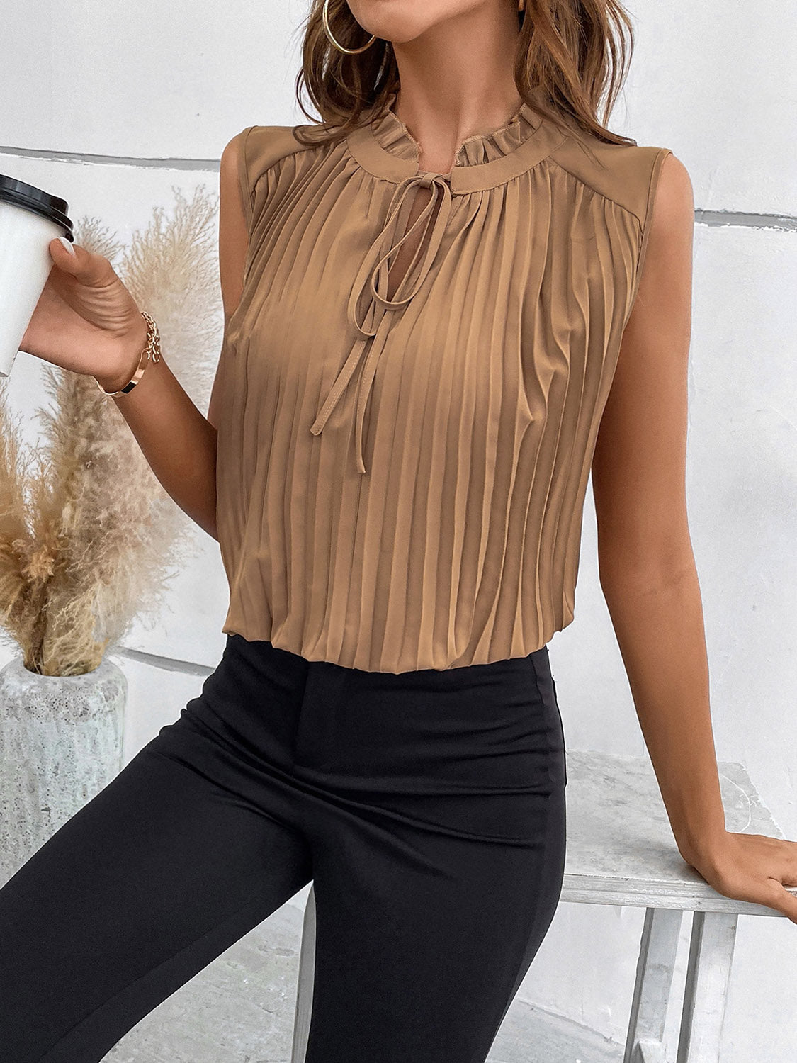 swvws Pleated Tie Neck Tank Top