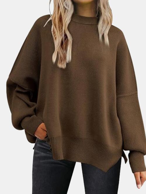 swvws Round Neck Drop Shoulder Slit Sweater