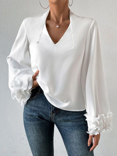 swvws Lettuce Hem V-Neck Long Sleeve Blouse