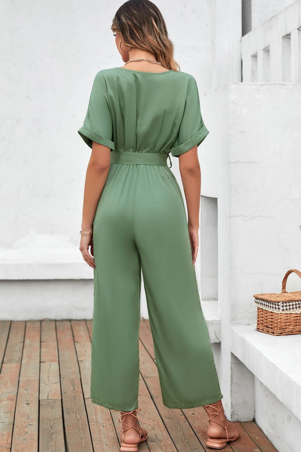 swvws Tie-Waist Surplice Wide Leg Jumpsuit