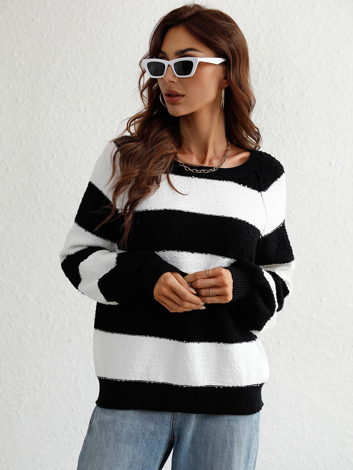 swvws Striped Raglan Sleeve Ribbed Trim Knit Top