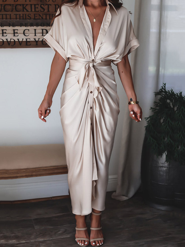 Sixsr Satin Pleated Bandage Shirt Dress