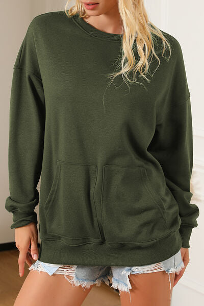 swvws Pocketed Round Neck Dropped Shoulder Sweatshirt