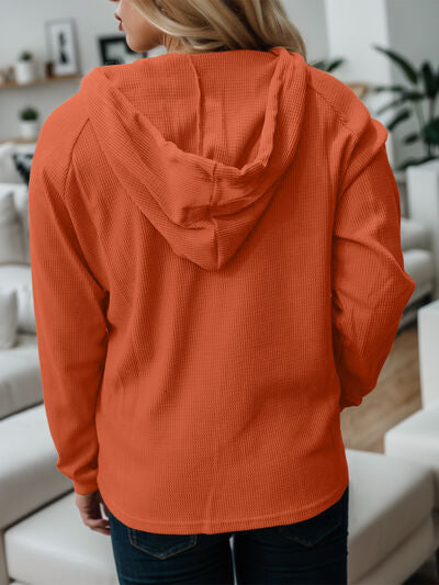 swvws Waffle-Knit Drawstring Quarter Button Hoodie