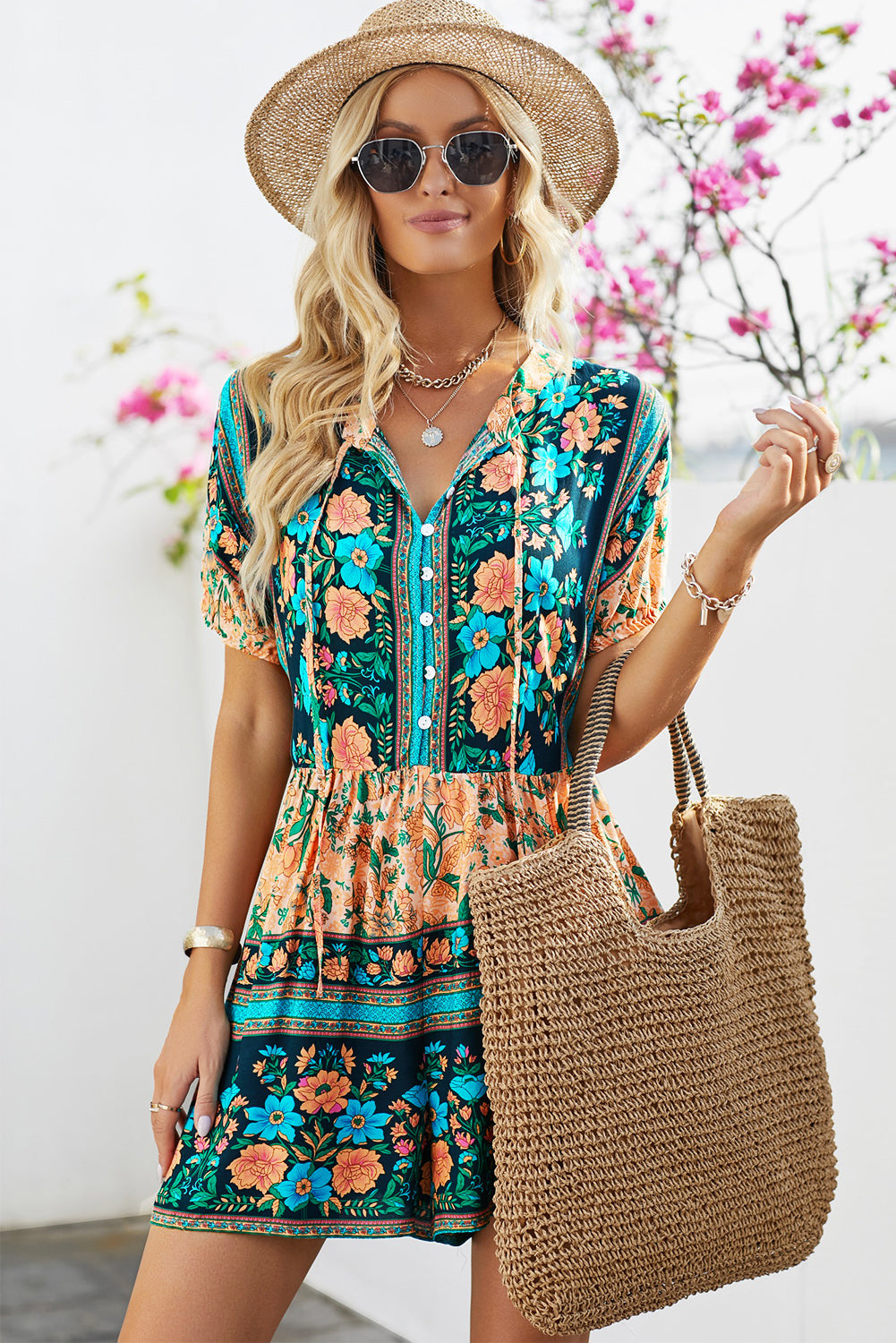 swvws Floral Multicolored Tie-Neck Romper