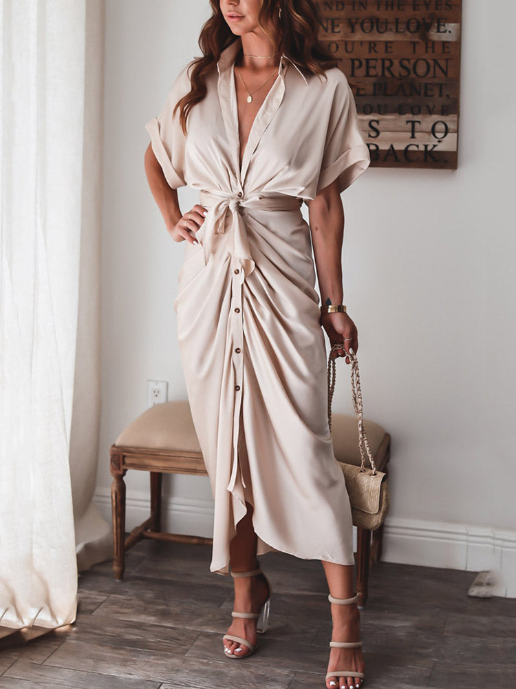 Sixsr Satin Pleated Bandage Shirt Dress