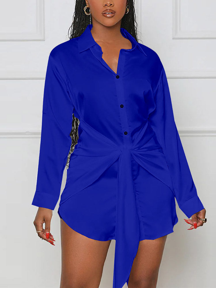 Sixsr Satin Tie Waist Shirts Dress