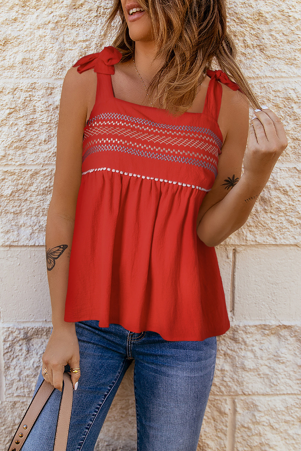 swvws Embroidered Tie-Shoulder Babydoll Tank