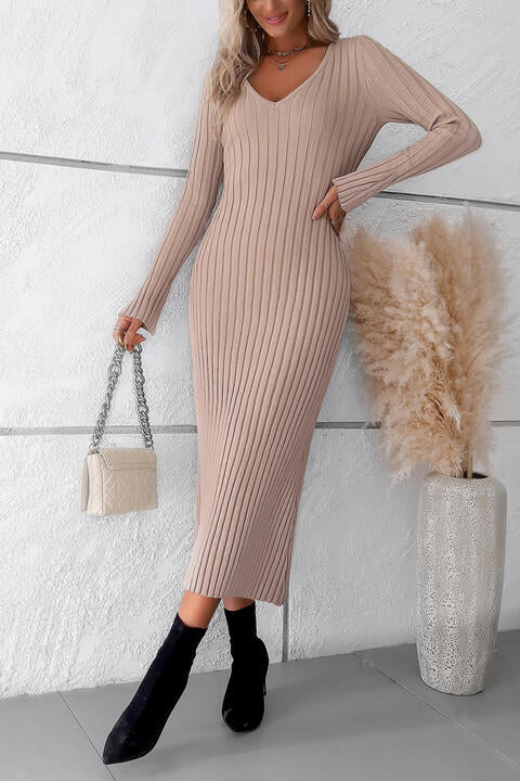 swvws V-Neck Long Sleeve Ribbed Sweater Dress