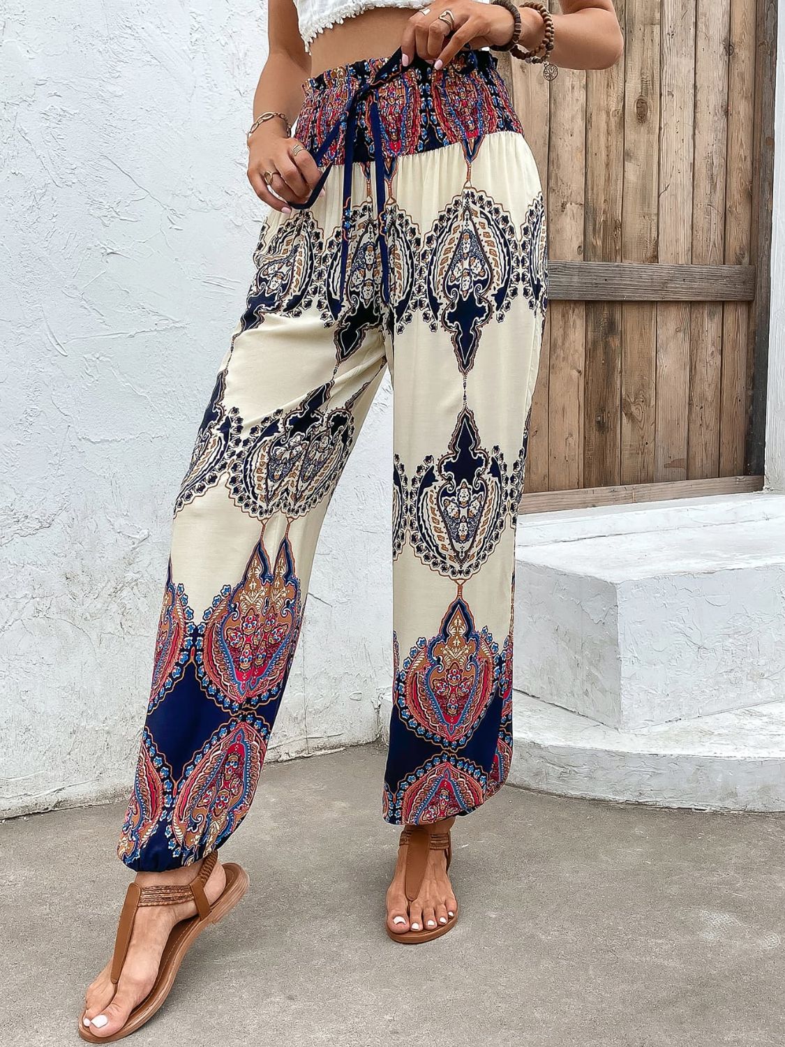 swvws Printed Smocked High Waist Pants