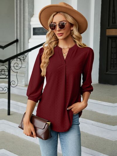 swvws Textured Notched Three-Quarter Sleeve Blouse