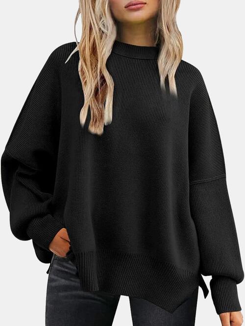 swvws Round Neck Drop Shoulder Slit Sweater