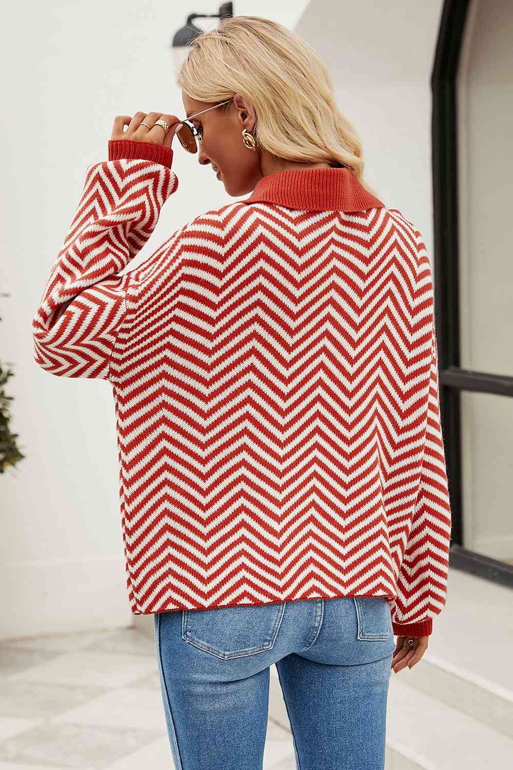 swvws Striped Collared Neck Buttoned Pullover Sweater