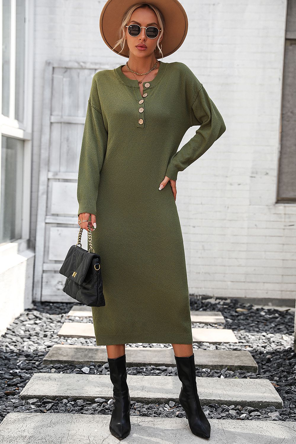 swvws Notched Neck Dropped Shoulder Button-Down Midi Dress