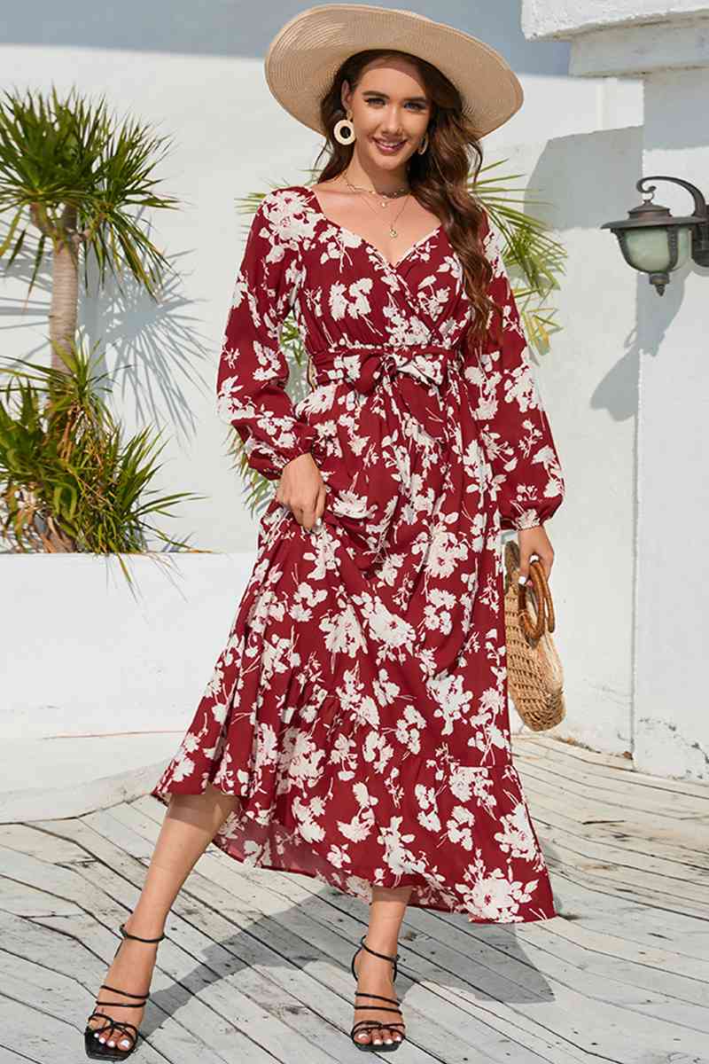 swvws Floral Print V-Neck Long Sleeve Maxi Dress