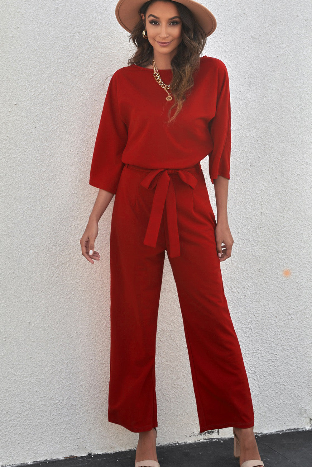 swvws Belted Three-Quarter Sleeve Jumpsuit