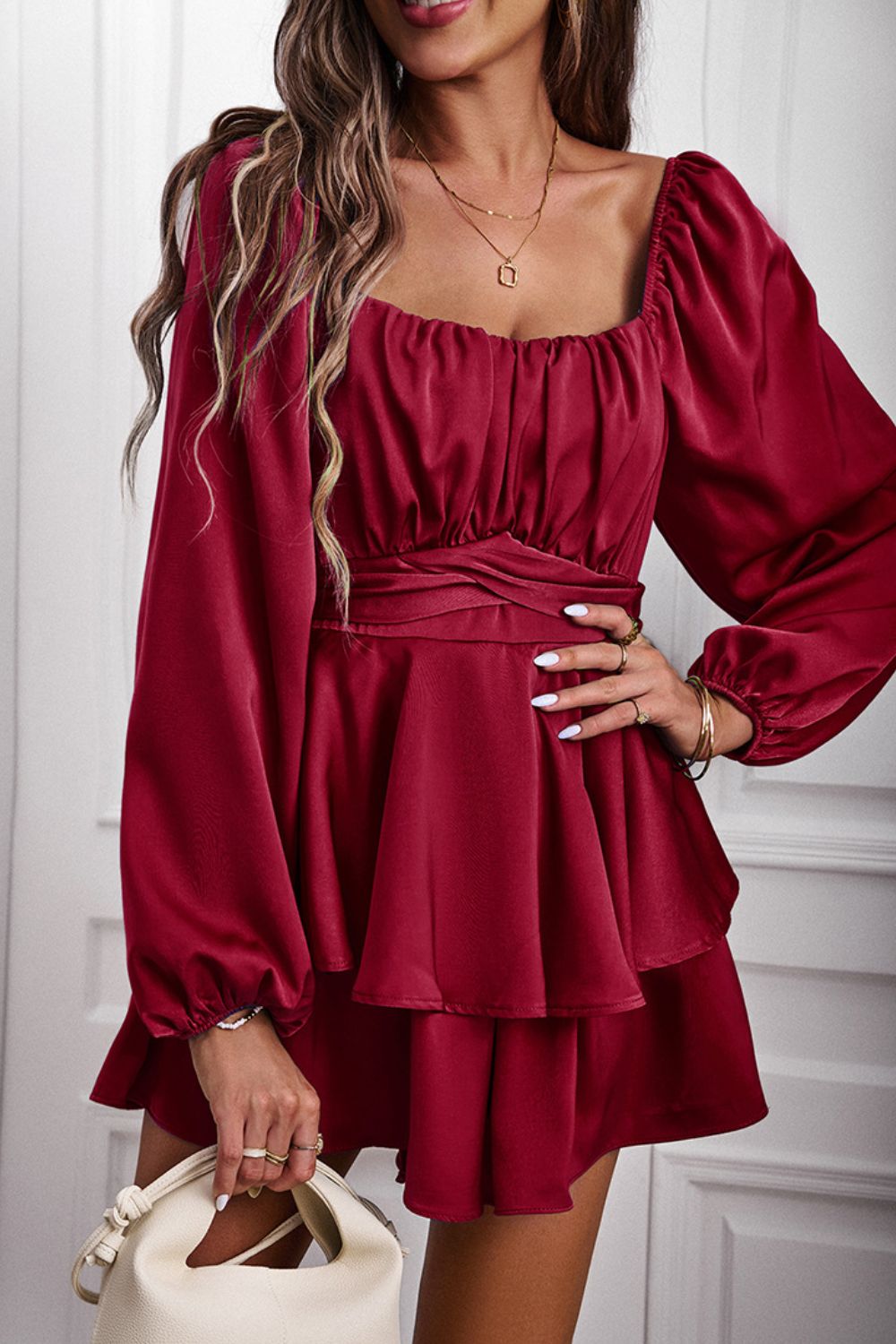 swvws Long Balloon Sleeve Layered Romper