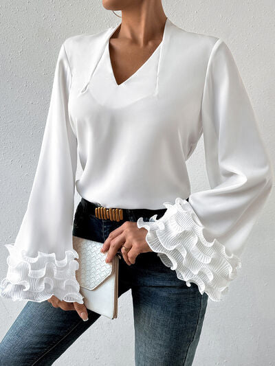 swvws Lettuce Hem V-Neck Long Sleeve Blouse