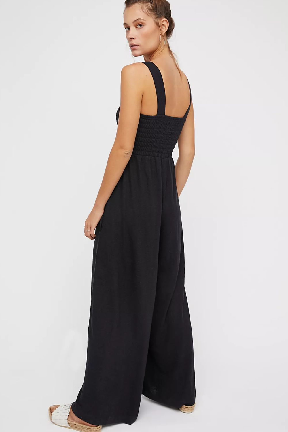 swvws Smocked Square Neck Wide Leg Jumpsuit with Pockets