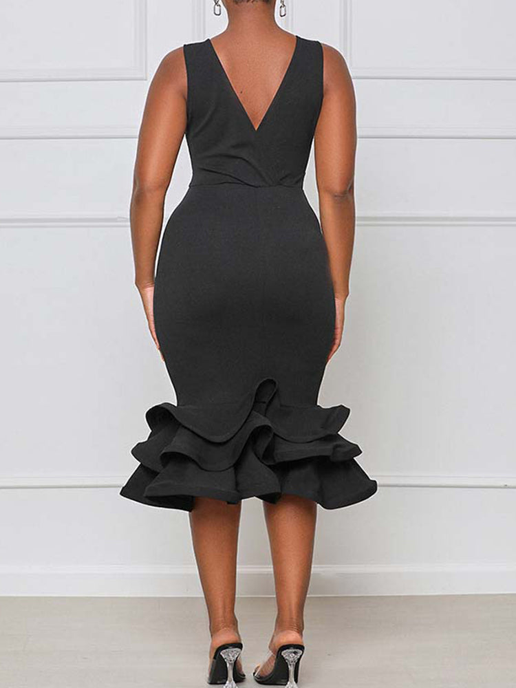 Sixsr Ruffled Trim Bodycon Midi Dress