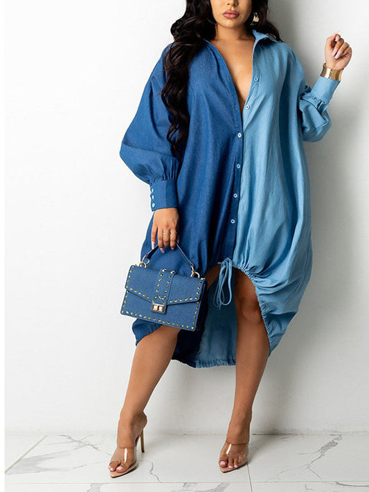 Sixsr Turndown Collar Long Sleeve Shirt Dress