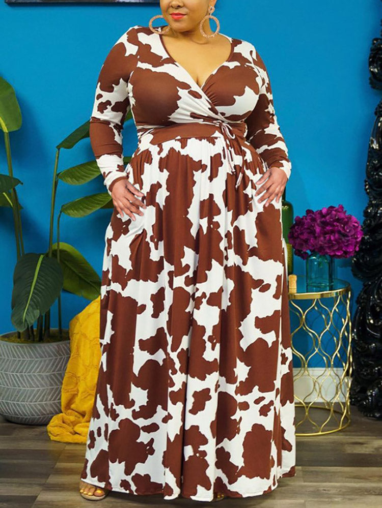 Sixsr Cow Print V Neck Wrap Dress