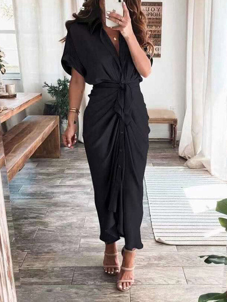 Sixsr Satin Pleated Bandage Shirt Dress