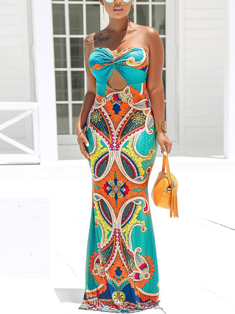 Sixsr Vacation Strapless Print Beach Dress