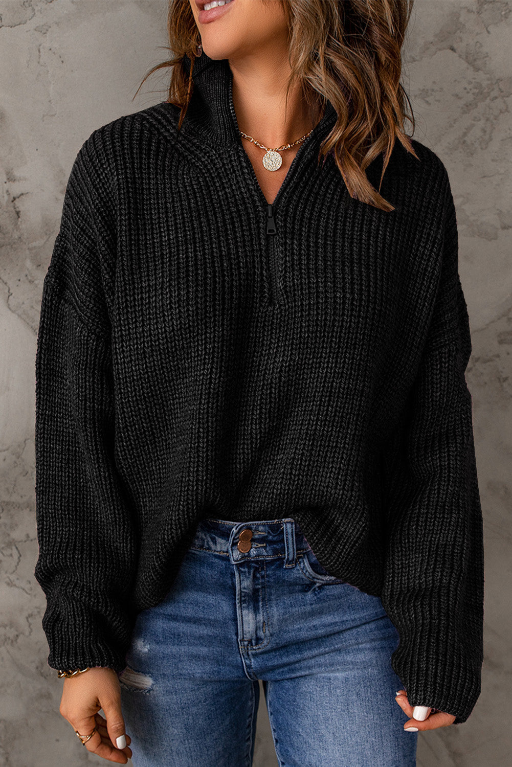 swvws Half Zip Rib-Knit Dropped Shoulder Sweater