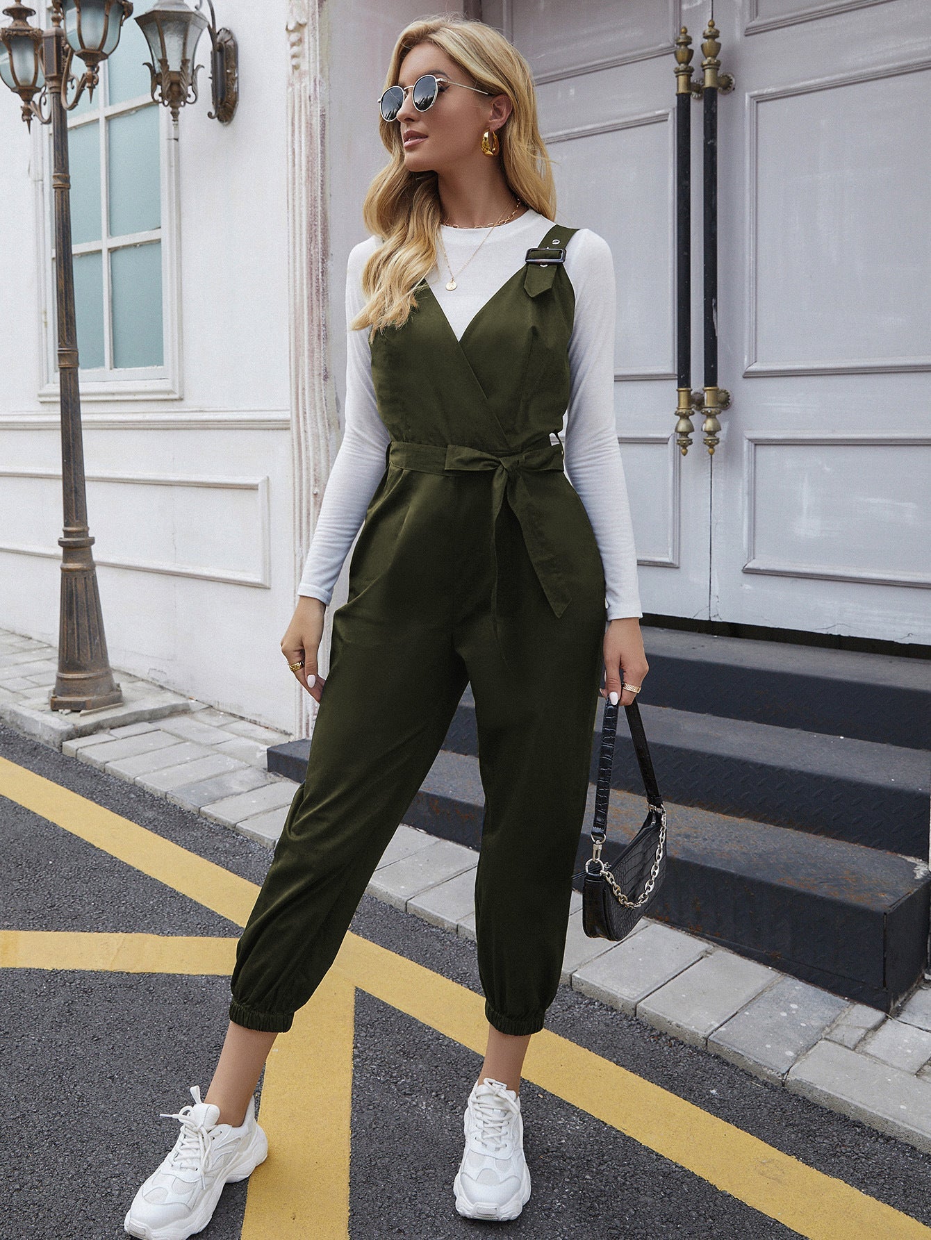 swvws Tie Waist Surplice Neck Overall Jumpsuit