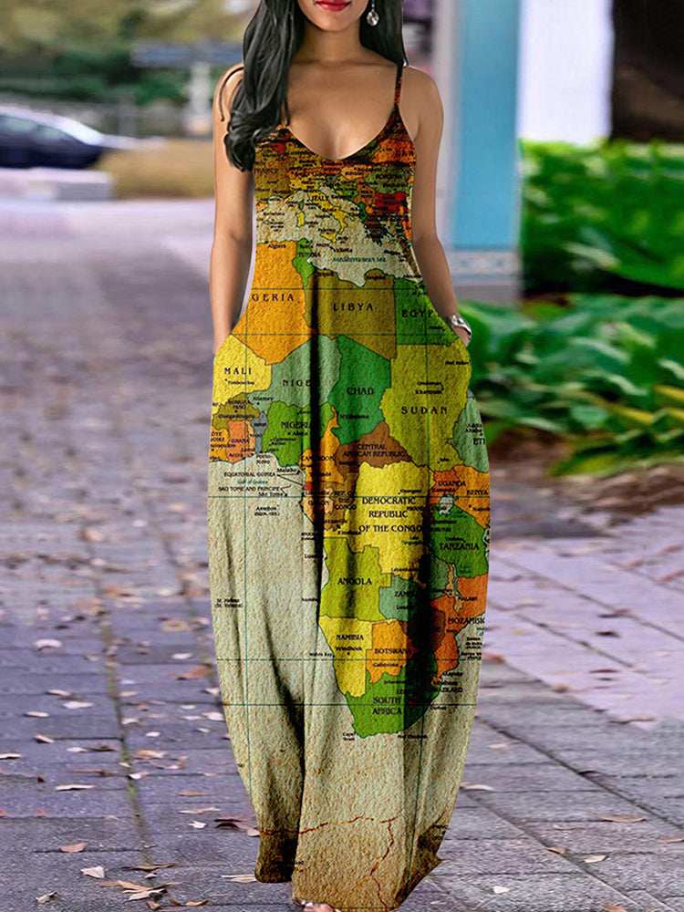 Sixsr Casual Map Print Spaghetti Strap Maxi Dress