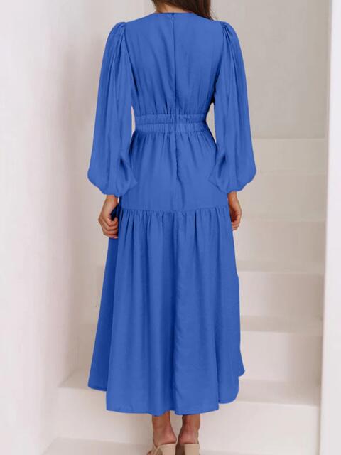 swvws Deep V-Neck Balloon Sleeve Plain Maxi Dress