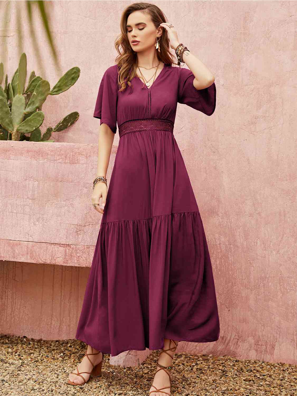 swvws Openwork V-Neck Flare Sleeve Ruched Dress