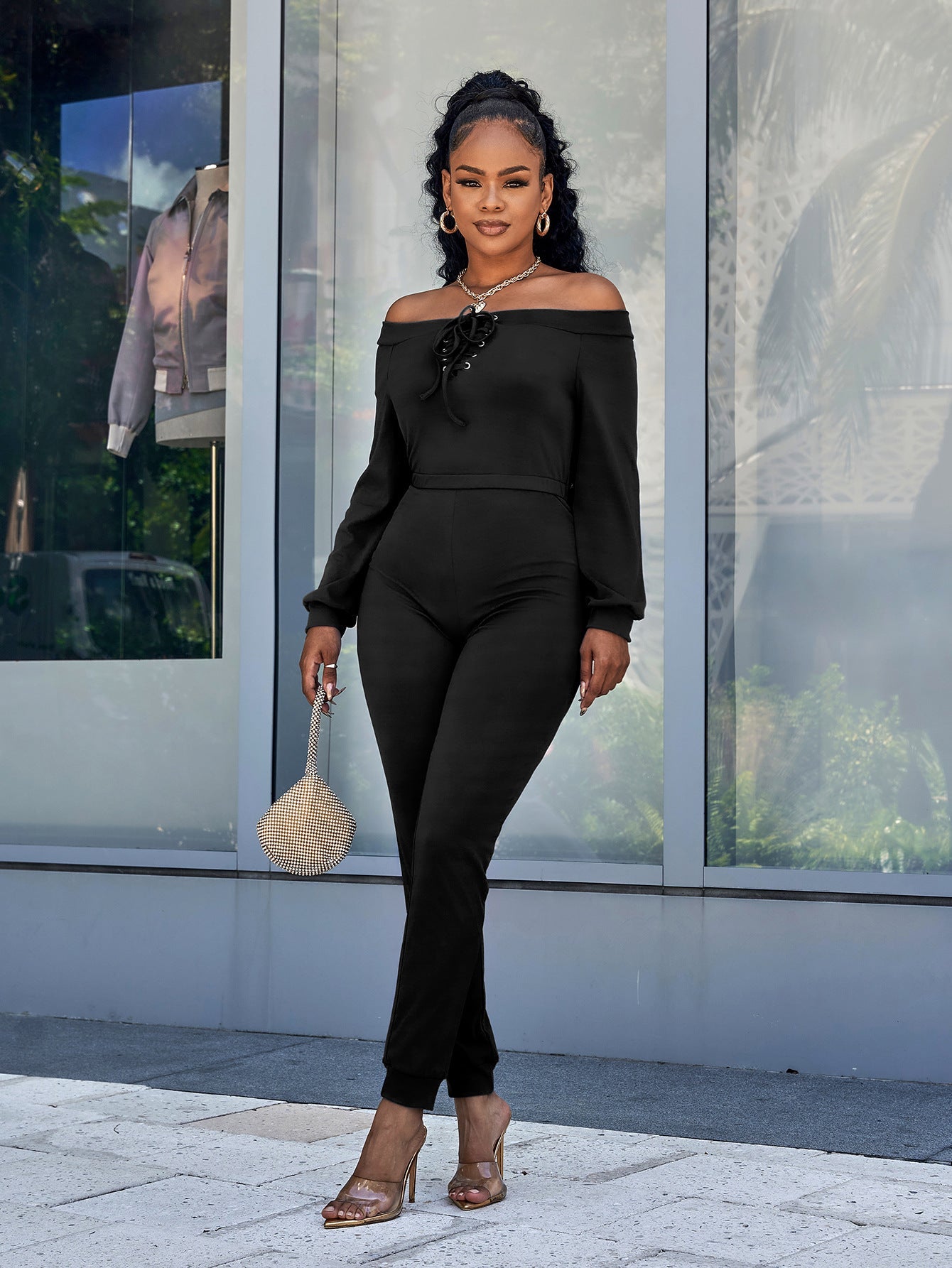 swvws Lace-Up Off-Shoulder Long Sleeve Jumpsuit