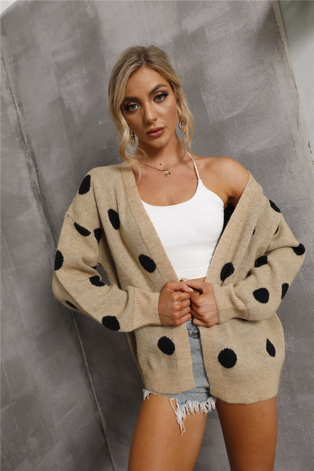 swvws Dropped Shoulder Polka Dot Cardigan