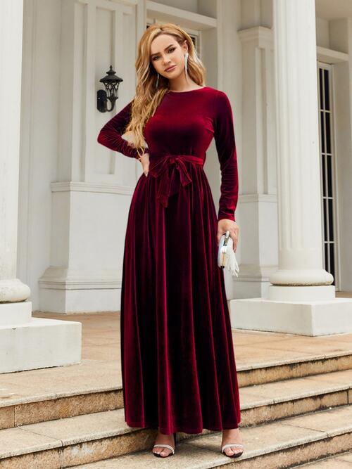 swvws Tie Front Round Neck Long Sleeve Maxi Dress