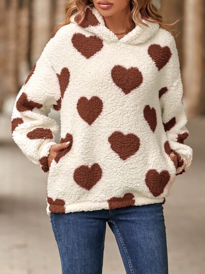 swvws Fuzzy Heart Pocketed Dropped Shoulder Hoodie