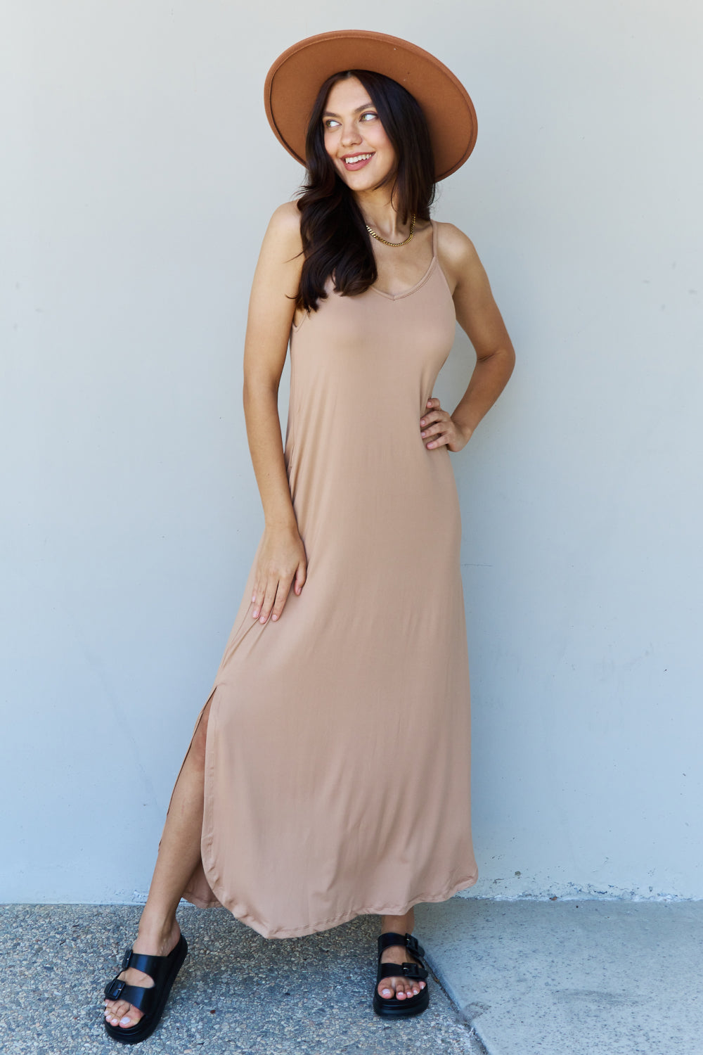 swvws Ninexis Good Energy Full Size Cami Side Slit Maxi Dress in Camel