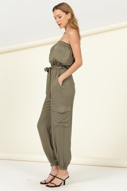 swvws Flap Pocket Side Belted Tube Jumpsuit