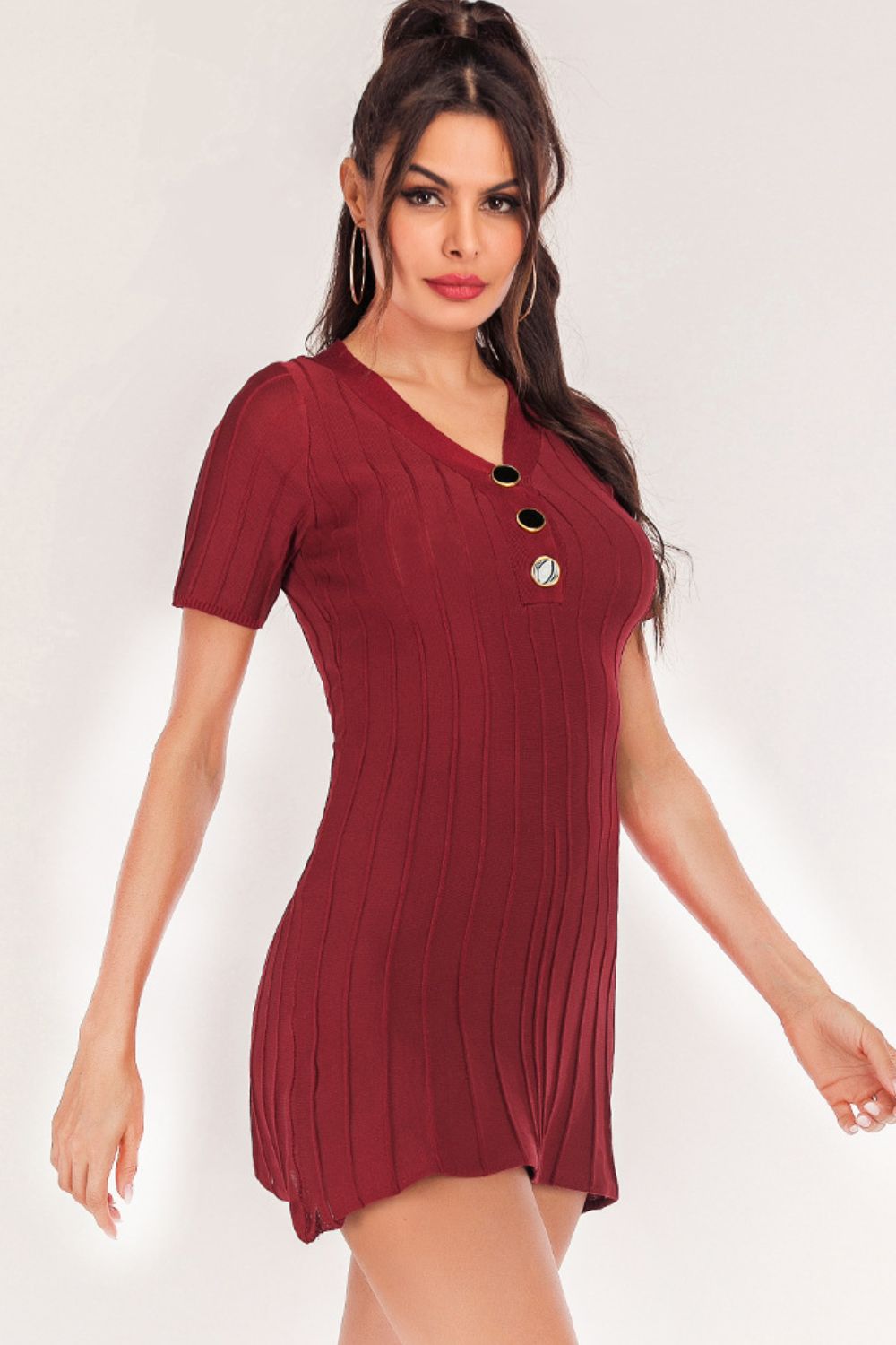 swvws Buttoned Short Sleeve V-Neck Knit Dress