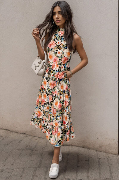 swvws Printed Tiered Pocketed Mock Neck Midi Dress